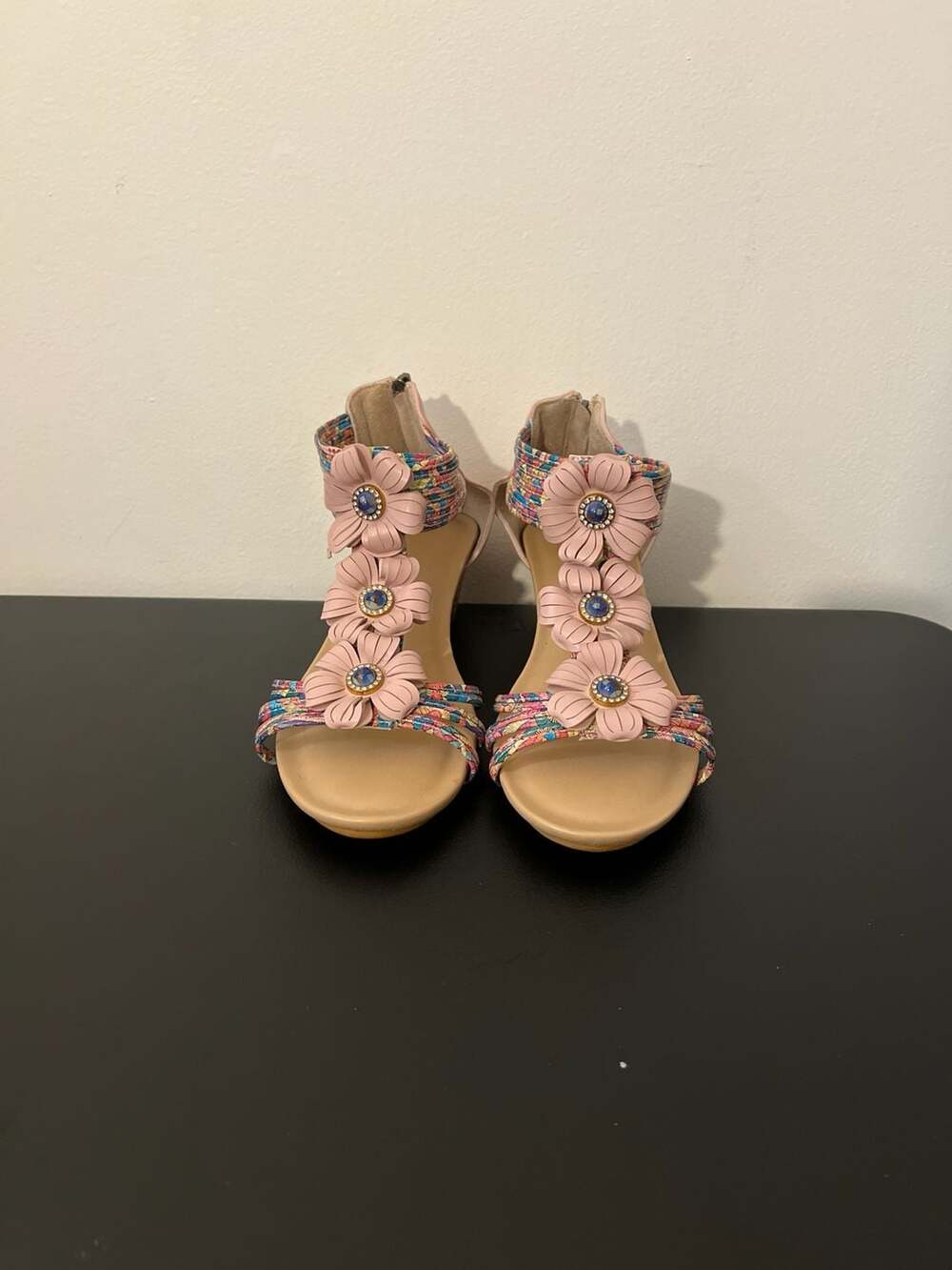 Pink Floral Wedge Sandals with Colorful Straps and Back Zipper Size 39